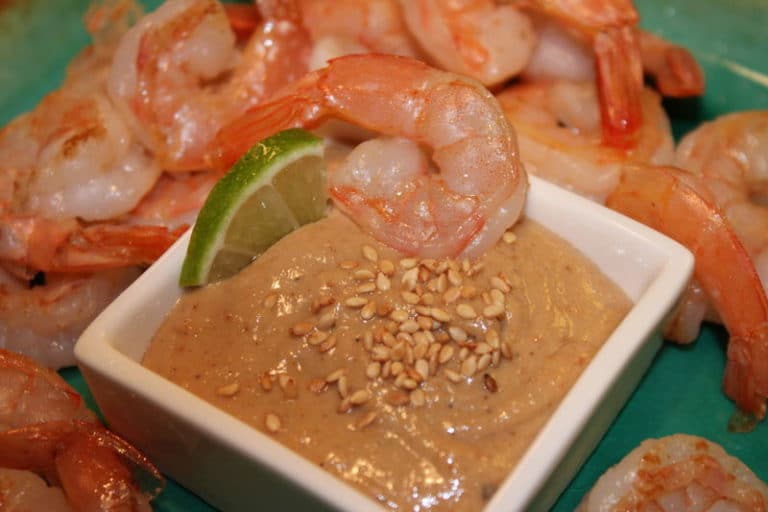 Shrimp with Sesame Almond Satay Dip