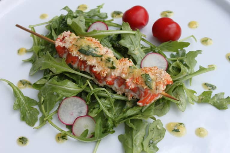 Sesame-Crusted Salmon Skewers with Lemon-Tarragon Salad