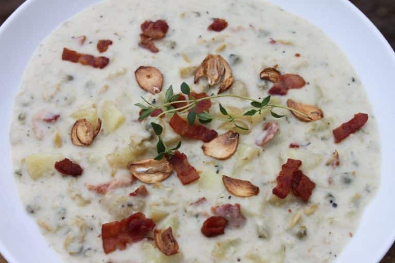 Clam Chowder with Baked Garlic Chips