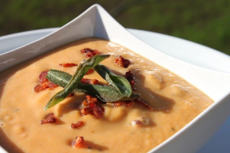 Creamy Pumpkin Bisque with Bacon & Crispy Sage Leaves