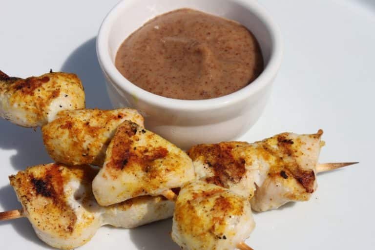 Curried Chicken Skewers with Almond Satay Dipping Sauce