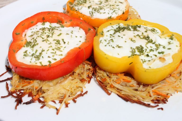 Red Pepper & Eggs on Sweet Potato Hashbrown Nests